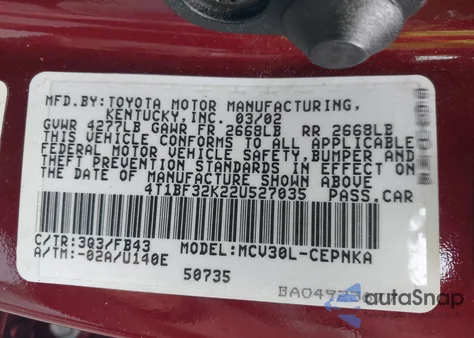 2002 Toyota Camry Le/Xle/Se из США, поврежденный, VIN 4T1BF32K22U527035